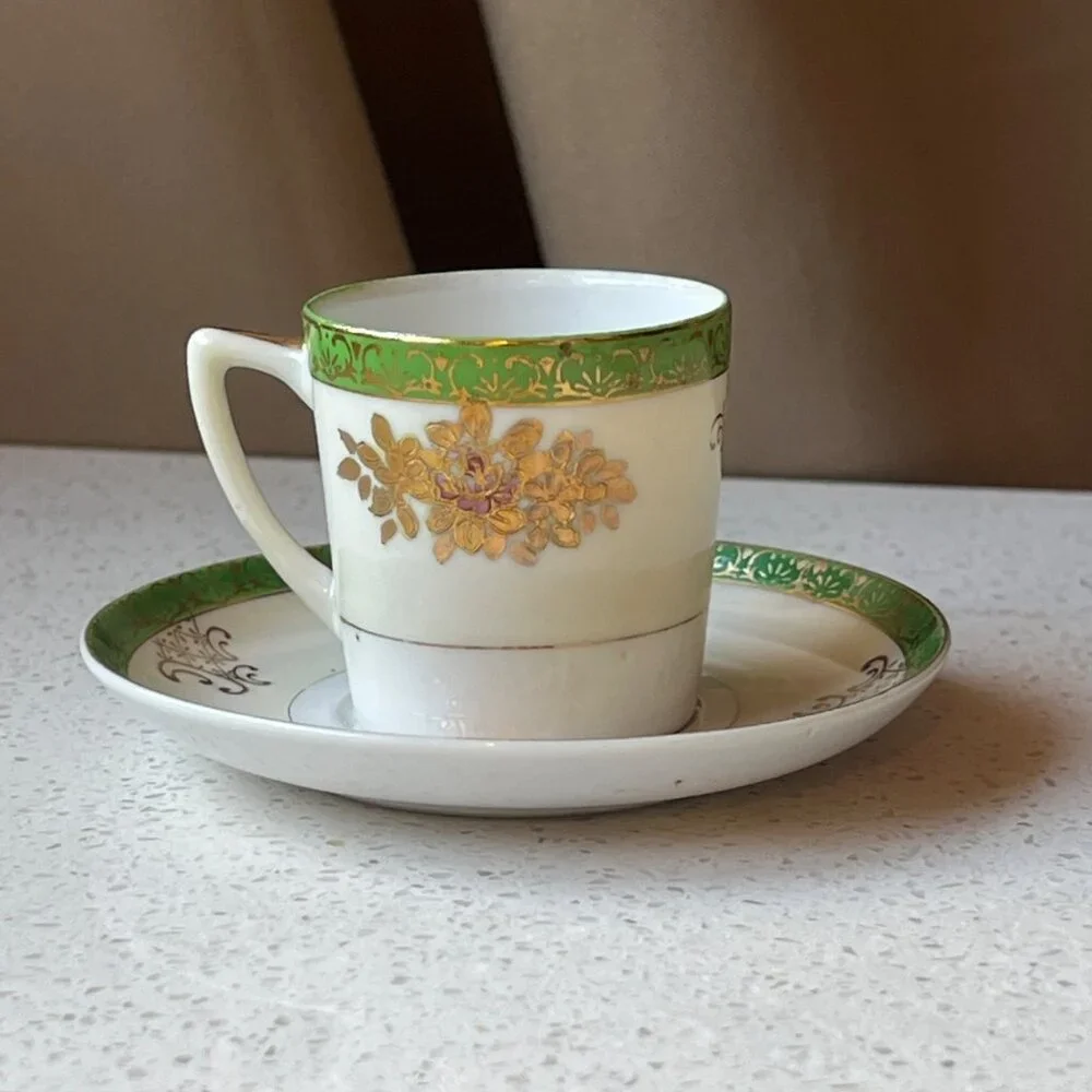 Hand Painted SGK China Demitasse Cup & Saucer Set With Gold & Green Floral Desig